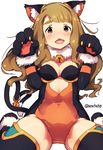  animal_ears bad_id bad_pixiv_id bell blush breasts brown_hair cat_ears cat_tail cleavage gloves idolmaster idolmaster_million_live! long_hair looking_at_viewer medium_breasts miyao_miya narumi_arata open_mouth paw_gloves paws pun purple_eyes solo tail tail_bell twitter_username 