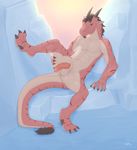  abs anthro balls barefoot beard butt claws dragon ear_piercing facial_hair fur hair happy horn ice jetshark male muscles navel nude outside pecs penis piercing raised_leg red_dragon reptile scalie sharp_claws sharp_teeth smile solo spread_legs spreading teeth toe_claws 