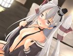  aiba_kou amatsukaze_(kantai_collection) blush breasts brown_eyes choker covered_nipples dress garter_straps kantai_collection long_hair looking_at_viewer open_clothes open_dress open_mouth sailor_dress silver_hair small_breasts solo two_side_up undressing 