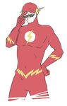  1boy bodysuit dc_comics facial_hair fake_mustache flash_(series) hand_on_hip lightning_bolt male male_focus mask mustache simple_background solo the_flash wally_west white_background 