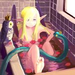  animal barefoot bath bathroom bathtub bird blonde_hair blue_eyes breasts cleavage crown demon_girl demon_wings elbow_rest feet flower highres indoors lilith_(p&amp;d) long_hair long_pointy_ears medium_breasts multicolored multicolored_eyes no_nose nude owl partially_submerged pointy_ears purple_eyes purple_wings puzzle_&amp;_dragons rose slit_pupils smile snake solo spikes tile_wall tiles uni_ponsuka window wings yellow_eyes 