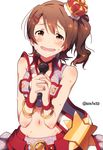  bad_id bad_pixiv_id bare_shoulders blush bracelet brown_eyes brown_hair crown hair_ornament hairclip idolmaster idolmaster_million_live! jewelry kasuga_mirai looking_at_viewer microphone midriff narumi_arata navel one_side_up open_mouth solo sweat tears wireless wristband 