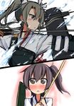  arrow atsushi_(aaa-bbb) blush bow_(weapon) brown_eyes brown_hair drawing_bow hair_ornament hair_ribbon highres holding kaga_(kantai_collection) kantai_collection multiple_girls muneate parted_lips profile ribbon side_ponytail twintails upper_body weapon zuikaku_(kantai_collection) 