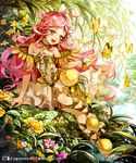  ahoge bare_shoulders barefoot black_eyes bug butterfly cross-laced_footwear dress flower insect inzup long_hair nature original pink_hair pond sitting smile solo very_long_hair water 