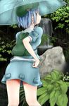  :o adjusting_clothes backpack bag blue_eyes blue_hair from_behind hair_bobbles hair_ornament hat highres kawashiro_nitori leaf looking_at_viewer looking_back nature open_mouth pocket rain rock shirt short_hair short_sleeves skirt solo takaha_(haiburijji) touhou tree umbrella 