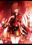  absurdres earrings flower hair_ornament highres holding japanese_clothes jewelry katana kimono long_hair looking_at_viewer mikanururu oriental_umbrella original parted_lips petals ponytail red_eyes red_hair short_kimono solo sword umbrella weapon 