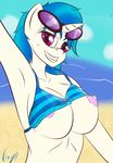  arm_up beach blue_hair breasts equine female friendship_is_magic fur hair horn horse looking_at_viewer mammal my_little_pony nipples outside pink_eyes pony purple_glasses seaside smile solo standing swimsuit unicorn vinyl_scratch_(mlp) vixy_(artist) white_fur 