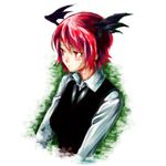  :/ alternate_hair_length alternate_hairstyle bat_wings blush dress_shirt fujinohara_akihira head_wings koakuma long_sleeves looking_away necktie red_eyes red_hair shirt short_hair simple_background solo touhou upper_body vest white_background white_shirt wings 