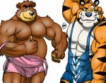  abs anthro bear biceps big_muscles black_nose blue_nose bulge chocos chubby clothing duo fb1907 feline fur hand_behind_head kellogg's looking_at_viewer male mammal mascot musclegut muscles pecs plain_background pose standing thumbs_up tiger tight_clothing tony_the_tiger undressing whiskers white_background wrestling_singlet yellow_eyes 