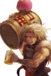  afro alcohol beer beer_mug belt_buckle blonde_hair bracer brown_eyes buckle cask cup facial_scar highres ico6 long_hair male_focus mug muscle parted_lips pink_hair scar scar_across_eye sideburns white_background white_eyes 