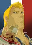  abel_(street_fighter) blonde_hair blood bloody_hands close-up come_at_me_bro fingerless_gloves flag_background france french_flag gloves looking_at_viewer male_focus metalhanzo scar solo street_fighter street_fighter_iv_(series) upper_body 
