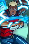  1boy aqua_lad belt blonde_hair blue_eyes dark_skin dark_skinned_male dc_comics fighting_stance gills glowing glowing_eyes kaldur&#039;ahm kaldur'ahm male male_focus red_shirt shirt sleeveless solo t1mco tattoo water weapon young_justice:_invasion 