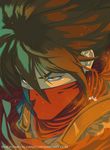  1boy brown_hair close-up face highres metalhanzo ninja red_eyes scarf signature solo strider_(video_game) strider_hiryuu watermark web_address 