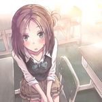  brown_eyes brown_hair chair faux_traditional_media fujimiya_kaori hair_bun highres isshuukan_friends looking_at_viewer looking_up morigami_(morigami_no_yashiro) open_mouth pleated_skirt school_uniform short_hair sitting skirt solo sweat 