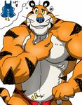 &lt;3 anthro biceps big_muscles chubby fb1907 feline kellogg's male mammal mascot musclegut muscles pecs plain_background pose speedo standing swimsuit text thought_bubble tiger tony_the_tiger topless 