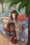  1boy 1girl afro black_eyes brown_cape brown_hair cape character_request day earrings eyes_closed fingerless_gloves flower_earrings gloves hair_intakes hairband highres ico6 jewelry long_hair outdoors pool red_footwear red_gloves shaman_king sitting smile tree water yellow_hairband 