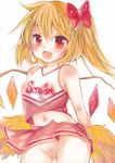  alternate_costume bare_shoulders blonde_hair blush_stickers bow censored cheerleader clothes_writing crop_top fang flandre_scarlet hair_bow hair_ribbon looking_at_viewer microskirt mosaic_censoring navel no_panties piyosuka pom_poms red_eyes red_skirt ribbon short_hair side_ponytail skirt smile solo touhou 