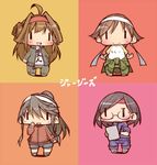  =d ahoge alternate_costume alternate_hairstyle brown_hair chibi clenched_hands double_bun hair_bun hair_ornament hairband haruna_(kantai_collection) hiei_(kantai_collection) holding kantai_collection kirishima_(kantai_collection) kongou_(kantai_collection) long_hair multiple_girls notepad open_mouth ponytail short_hair smile tanaka_ahiru track_suit translated wide_face |_| 