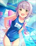  :d brown_eyes goggles goggles_removed idolmaster idolmaster_cinderella_girls indoors kickboard koshimizu_sachiko lane_line lifeguard_chair official_art one-piece_swimsuit open_mouth pool poolside purple_eyes school_swimsuit short_hair smile solo swimsuit 