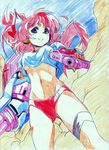  aiming_at_viewer blue_eyes blush breasts colored_pencil_(medium) commentary_request crop_top dokozo_no_shirou dutch_angle from_below gadget_trial gatling_gun graphite_(medium) gun izen_(gadget_trial) long_hair medium_breasts navel pink_hair sky smile solo traditional_media underboob weapon 