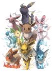  ;d ahoge black_eyes blue_eyes brown_eyes creatures_(company) eevee electricity espeon feathers fire flame flareon forehead_jewel game_freak gen_1_pokemon gen_2_pokemon gen_4_pokemon gen_5_pokemon gen_6_pokemon glaceon highres ice ico6 jolteon leaf leafeon looking_at_viewer nintendo no_humans one_eye_closed open_mouth pokemon pokemon_(creature) red_eyes smile smoke sylveon umbreon vaporeon water white_background 