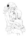  blush breast_grab breast_sucking collarbone grabbing greyscale hair_ornament hairclip jewelry mahou_shoujo_madoka_magica miki_sayaka monochrome multiple_girls ring short_hair sweat tears tomoe_mami topless torinone white_background yuri 