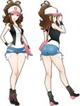  ass bag baseball_cap blue_eyes boots breasts brown_hair denim denim_shorts full_body hand_on_headwear hand_on_hip handbag hat highres legs long_hair looking_at_viewer looking_back medium_breasts multiple_views open_mouth pokemon pokemon_(game) pokemon_bw shorts sleeveless smile source_request touko_(pokemon) white_background wristband x-teal2 