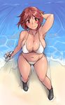  beach bespectacled bikini blush boots breasts brown_eyes brown_hair camera cleavage from_above glasses hand_behind_head large_breasts light_smile looking_at_viewer navel ocean older outdoors rozen_maiden short_hair side-tie_bikini solo souseiseki sweat swimsuit tsuda_nanafushi water waves 