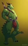  abs anthro biceps bulge claws dragon ducko fangs fist frown fur glowing green_dragon horn loincloth looking_at_viewer male manly muscles navel pecs plain_background sharp_claws sharp_teeth spikes squint standing sword teeth toe_claws varanis_blackclaw vein weapon 