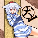  against_wall animal_ears bone breasts ears_down fang goma_azarasi hand_on_own_chest hat inubashiri_momiji long_sleeves medium_breasts naked_sweater open_mouth red_eyes silver_hair solo striped striped_sweater sweater thighs tokin_hat touhou wolf_ears 