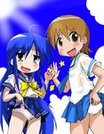  aioi_yuuko blue_hair brown_hair crossover izumi_konata long_hair lucky_star nichijou panties short_hair skirt skirt_lift t2 underwear 