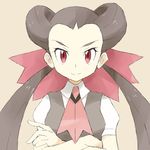  ascot bad_id bad_twitter_id brown_hair gym_leader hair_ornament hair_pulled_back long_hair looking_at_viewer pokemon pokemon_(game) pokemon_oras red_eyes simple_background smile solo souji tsutsuji_(pokemon) twintails 
