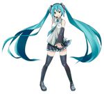  aqua_eyes aqua_hair boots detached_sleeves full_body hatsune_miku headset highres idou_kyoushitsu long_hair necktie skirt solo thigh_boots thighhighs twintails very_long_hair vocaloid white_background 