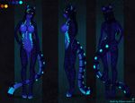  back blue_fur blue_hair breasts cat cyan_fur cyan_hair eliana-asato feline female front fur glowing hair long_hair long_tail mammal model_sheet multiple_poses savannah_cat side simple_background solo spots standing yellow_eyes 