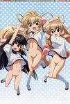  3girls absurdres black_hair blonde_hair blush botomless braid brown_eyes brown_hair female glasses gym_uniform hair_bobbles hair_ornament highres ishikawa_masakazu jumping kagami_kuro kodomo_no_jikan kokonoe_rin long_hair medal megami multiple_girls navel nude_filter photoshop pussy scan shoes socks tagme twin_braids twintails uncensored usa_mimi uwabaki very_long_hair 