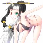  asamura_hiori black_hair breasts butt_crack cleavage gradient_hair green_eyes hanging_breasts heterochromia horn large_breasts long_hair looking_at_viewer multicolored_hair o-ring o-ring_bottom o-ring_top phantasy_star phantasy_star_online_2 ponytail red_eyes shiny shiny_skin simple_background skindentation smile solo sukunahime white_background white_hair 