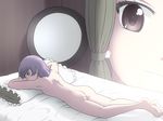  ass back barefoot bed brown_eyes commentary commentary_request curtains face from_behind hair_tubes hakurei_reimu looking_at_viewer looking_back lying minigirl multiple_girls nude on_bed on_stomach pillow pun purple_eyes purple_hair shirosato smile sukuna_shinmyoumaru touhou 