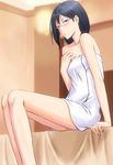  bed black_eyes black_hair bonnie_(rsg) glasses haikyuu!! looking_at_viewer mole naked_towel shimizu_kiyoko short_hair sitting solo towel 