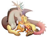  applejack_(mlp) beard blonde_hair blush cuddling discord_(mlp) draconequus equine evehly facial_hair female feral friendship_is_magic hair hat horse male mammal my_little_pony one_eye_closed pony 