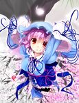  arm_ribbon blue_dress breasts cherry_blossoms dress from_above hands_up hat large_breasts long_sleeves looking_at_viewer md5_mismatch parted_lips petals purple_hair red_eyes ribbon ribbon-trimmed_collar ribbon_trim saigyouji_yuyuko sala_mander sash solo tears touhou tree wide_sleeves 