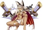  belt_buckle beltbra breasts buckle cape cleavage colored_eyelashes creature dark_skin familiar guilty_gear guilty_gear_xrd hand_on_own_knee hat large_breasts light_brown_eyes light_brown_hair long_hair midriff navel ramlethal_valentine short_shorts shorts simple_background solo spread_legs sword takanashi-a underboob weapon white_background 