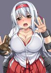  against_glass blush breast_press breasts brown_eyes cleavage gloves hairband japanese_clothes kantai_collection large_breasts long_hair looking_at_viewer open_mouth partly_fingerless_gloves revision satou_samu shoukaku_(kantai_collection) silver_hair single_glove skirt solo yugake 