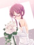  akizuki_ritsuko bare_shoulders blush bouquet breasts bride brown_eyes brown_hair dress elbow_gloves flower folded_ponytail glasses gloves highres hiiragi_hajime idolmaster idolmaster_(classic) looking_at_viewer medium_breasts revision smile solo wedding_dress white_gloves 