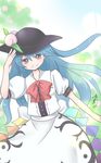  blue_hair bow gradient gradient_background hand_on_headwear hat highres hinanawi_tenshi light_particles long_hair looking_at_viewer red_eyes signature sketch solo touhou yuzuna99 