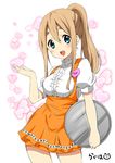  :d anna_miller blonde_hair blue_eyes blush breasts k-on! kotobuki_tsumugi large_breasts long_hair official_style open_mouth orange_skirt ragho_no_erika round_teeth skirt smile solo teeth tray waitress 