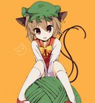  :o animal_ears bow brown_hair cat cat_ears cat_tail chen cross_eyed dress earrings fang hat jewelry long_sleeves looking_at_viewer mary_janes mob_cap multiple_tails nekomata red_footwear sakaki_(utigi) shoes sitting sitting_on_object solo tail touhou two_tails yarn yarn_ball 