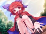  blue_sky blush bow cape cloud day hair_bow hand_on_own_knee long_sleeves lzh outstretched_arm outstretched_hand panties pantyshot pantyshot_(squatting) red_eyes red_hair sekibanki shirt skirt sky solo squatting touhou tree underwear upskirt white_panties 