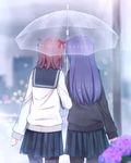  amami_haruka bad_id bad_pixiv_id from_behind hiiragi_hajime idolmaster idolmaster_(classic) kisaragi_chihaya long_hair multiple_girls pantyhose pleated_skirt rain school_uniform serafuku shared_umbrella short_hair skirt transparent transparent_umbrella umbrella 