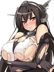  bare_shoulders black_gloves black_hair blush breasts elbow_gloves fingerless_gloves gloves hairband headgear kantai_collection large_breasts long_hair nagato_(kantai_collection) red_eyes revision satou_samu simple_background solo torn_clothes white_background 