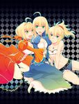  :d ahoge artoria_pendragon_(all) bare_shoulders barefoot belt blonde_hair blush breasts checkered checkered_background cleavage cleavage_cutout denim denim_shorts dress epaulettes fate/apocrypha fate/extra fate/stay_night fate_(series) green_eyes hair_ribbon hug jewelry juliet_sleeves long_sleeves medium_breasts midriff mordred_(fate) mordred_(fate)_(all) mother_and_daughter multiple_girls navel necklace nero_claudius_(fate) nero_claudius_(fate)_(all) nichiru open_mouth ponytail puffy_sleeves ribbon saber shorts sitting small_breasts smile strapless tubetop 